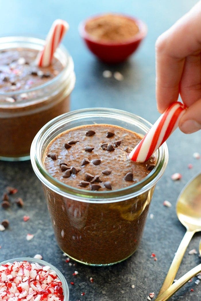 Get festive with your chocolate chia seed pudding and add some peppermint extract for the perfect healthy holiday dessert! 