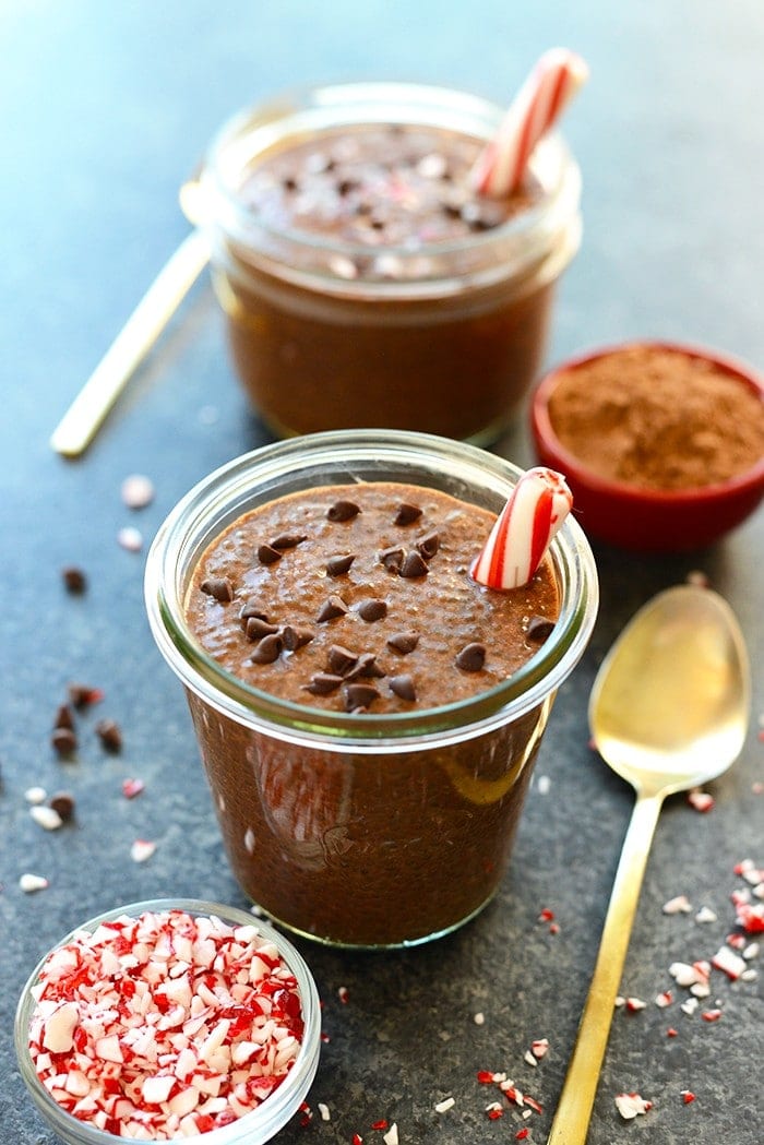 Get festive with your chocolate chia seed pudding and add some peppermint extract for the perfect healthy holiday dessert! 