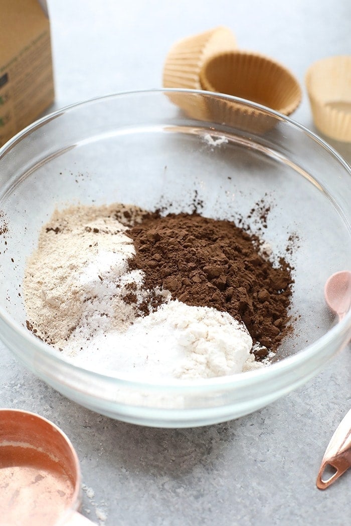 healthier chocolate cupcake ingredients in a bowl