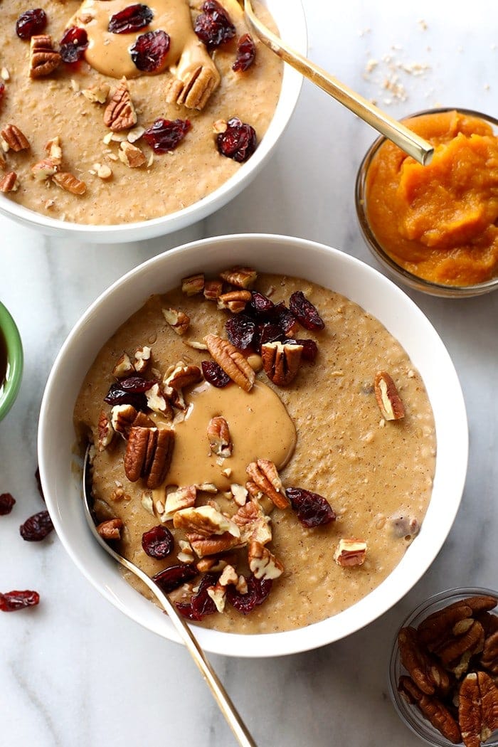 This Pumpkin Pie Slow Cooker Oatmeal is creamy as can be and full of flavor. It's made with steel cut oats, pumpkin puree, pumpkin spice, and a hint of maple. 