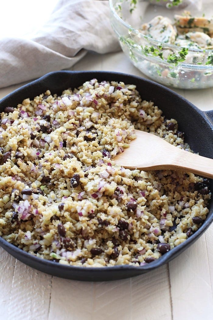 Cauliflower rice in a skillet