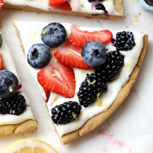 fruit pizza on a marble counter