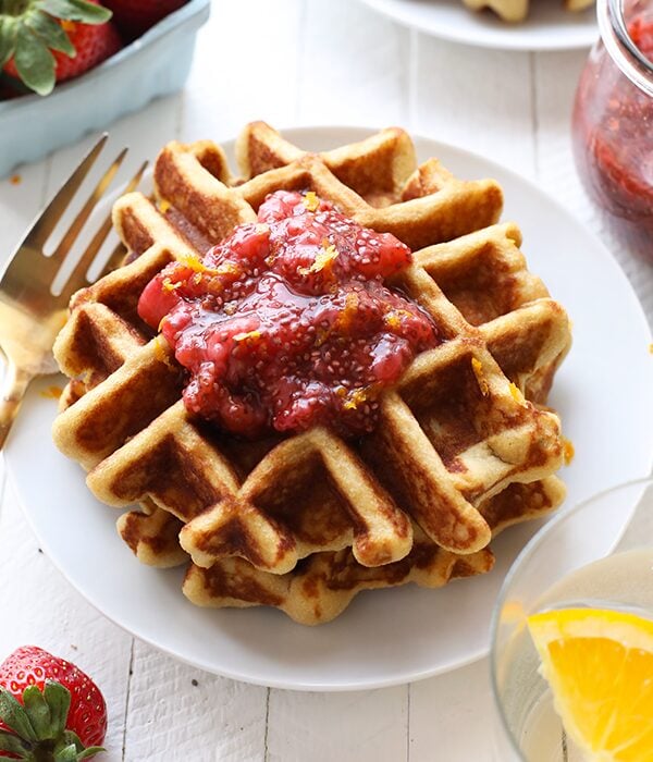 gluten free waffles on plate.