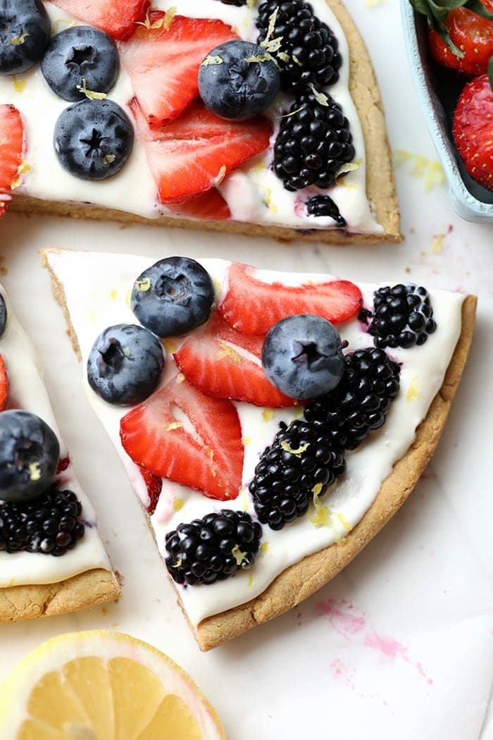 a slice of healthy fruit pizza.