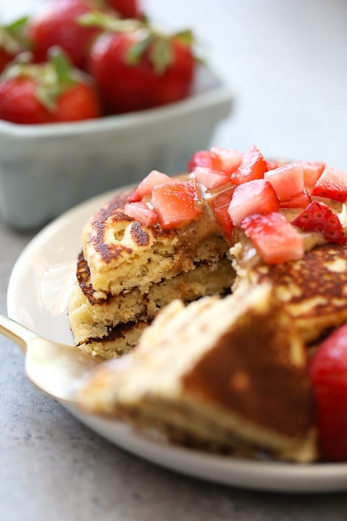 almond flour pancakes with strawberry slices