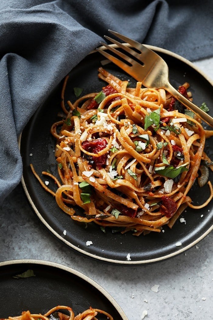 vegetarian sun dried tomato pasta with fresh parmesan