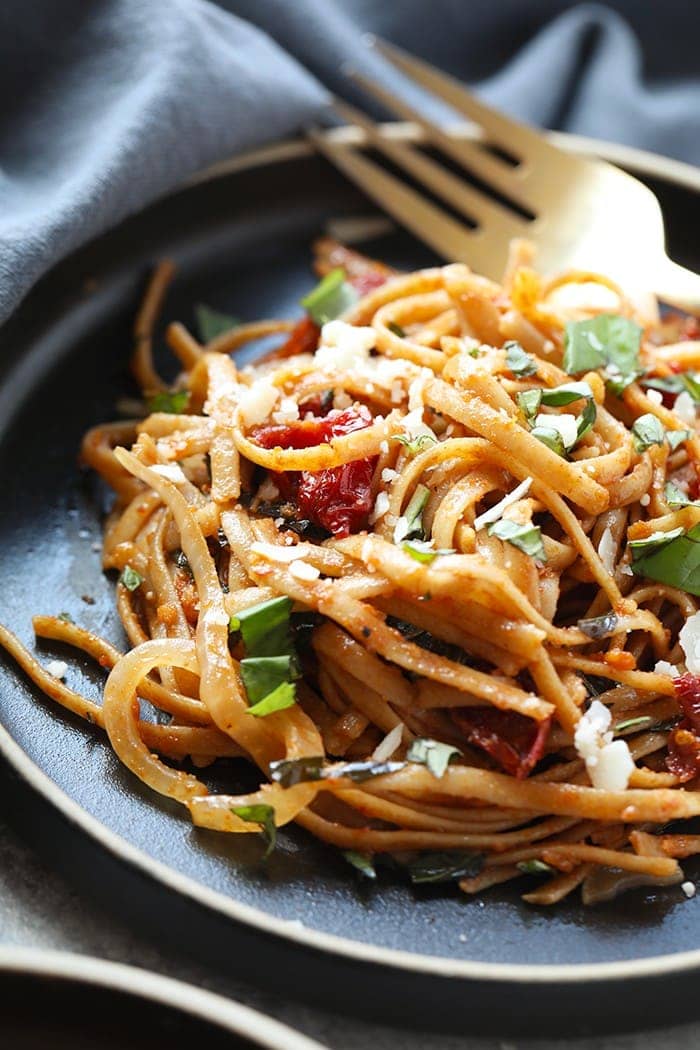 whole wheat sun dried tomato pasta on plate