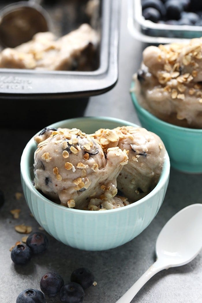 Cool off this summer with this Vegan Blueberry Muffin Banana Soft-Serve. It is naturally sweetened, delicious, and made with only six ingredients!