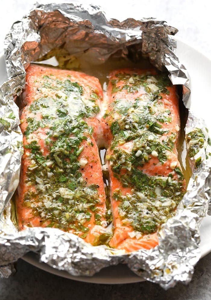 salmon with herbs in foil.