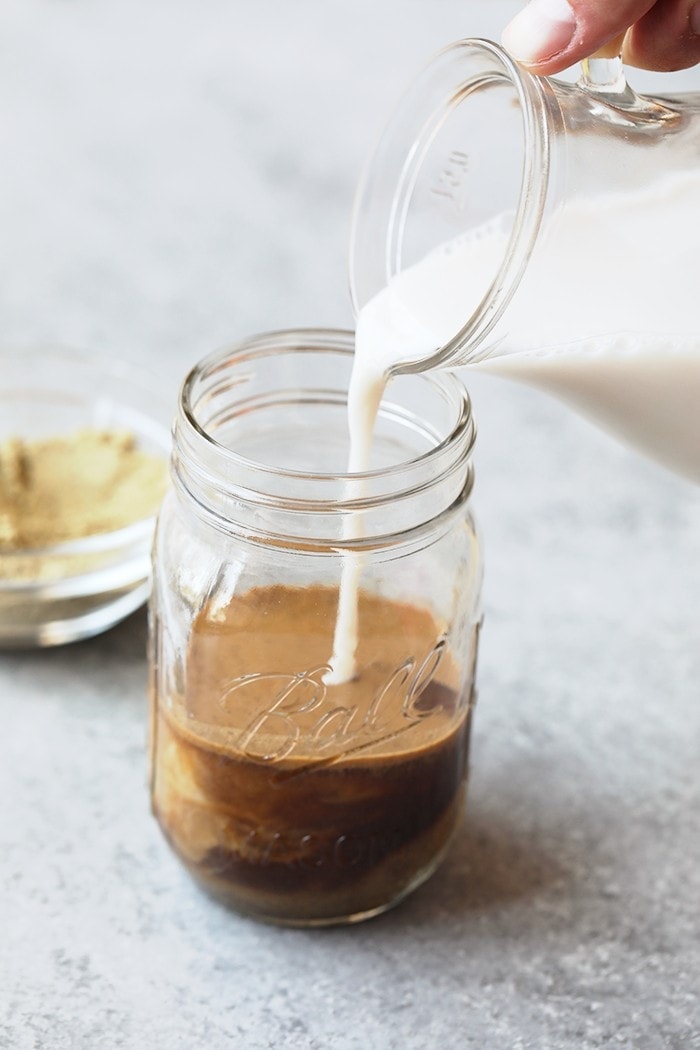 All you need are three ingredients to make the most delicious post-workout, protein-packed drink there is ---> cold brew + unsweetened almond milk + protein powder.