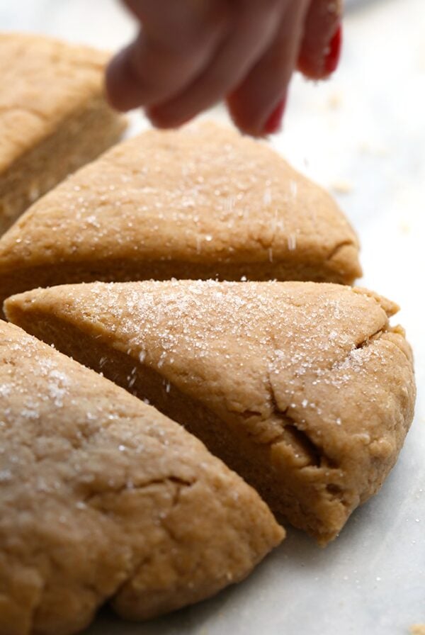 A person is sprinkling honey on a piece of bread.