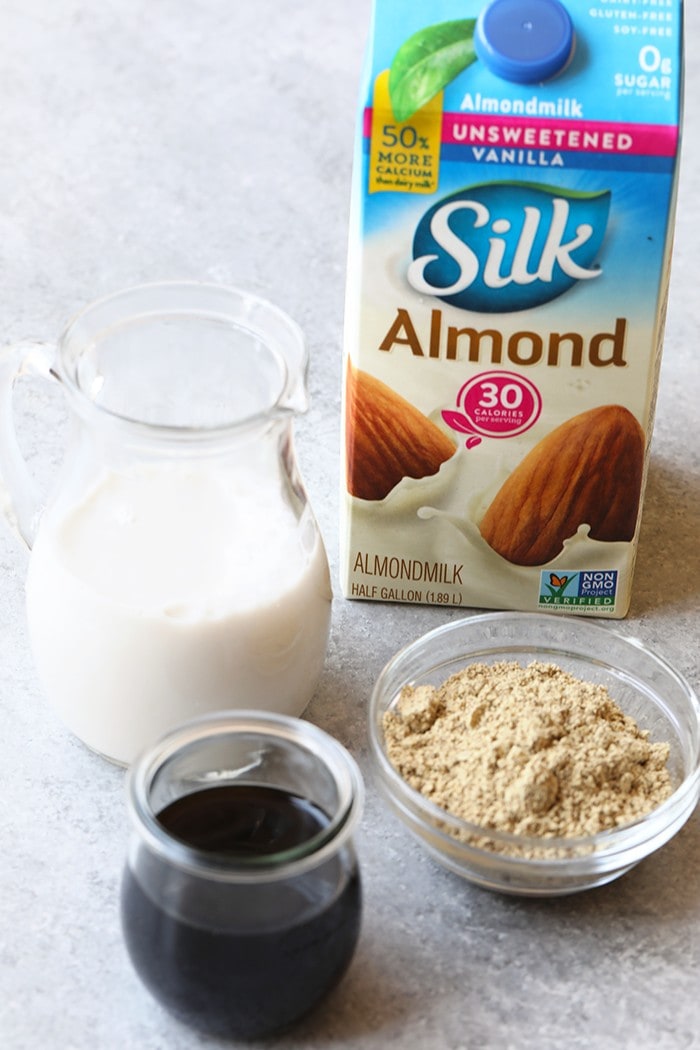 All you need are three ingredients to make the most delicious post-workout, protein-packed drink there is ---> cold brew + unsweetened almond milk + protein powder.