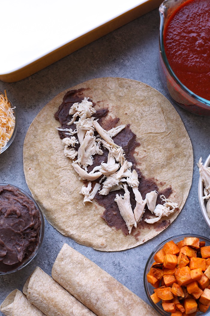 black beans and chicken in open tortilla