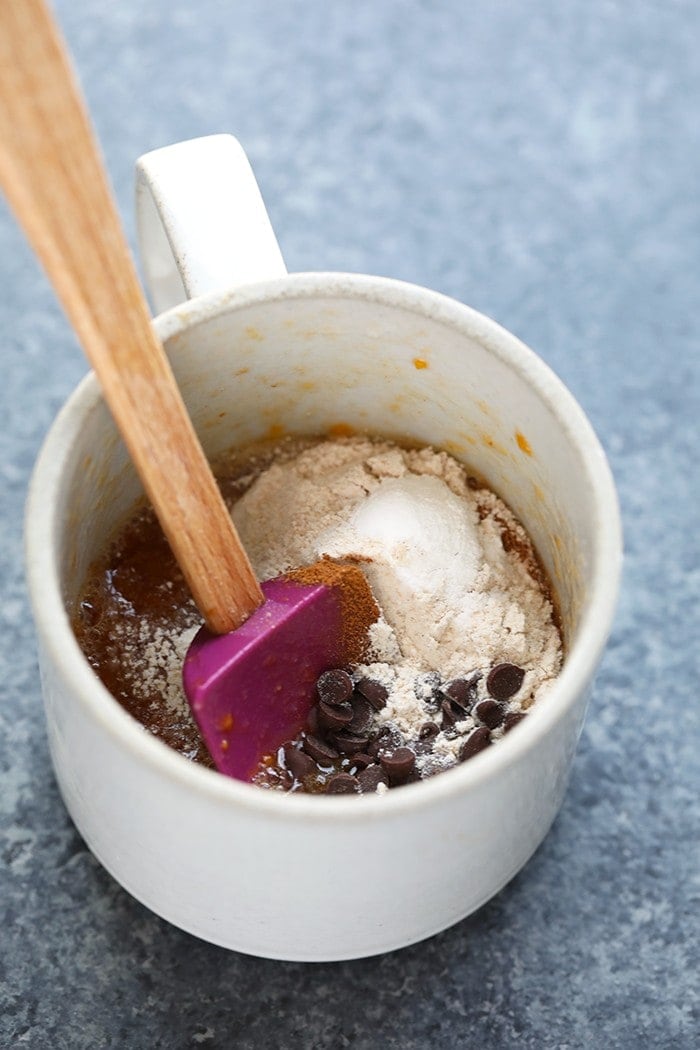 This Single-Serve Healthy Pumpkin Mug Cake with Chocolate Pumpkin Frosting is the perfect fall dessert when you just need a little something after dinner!