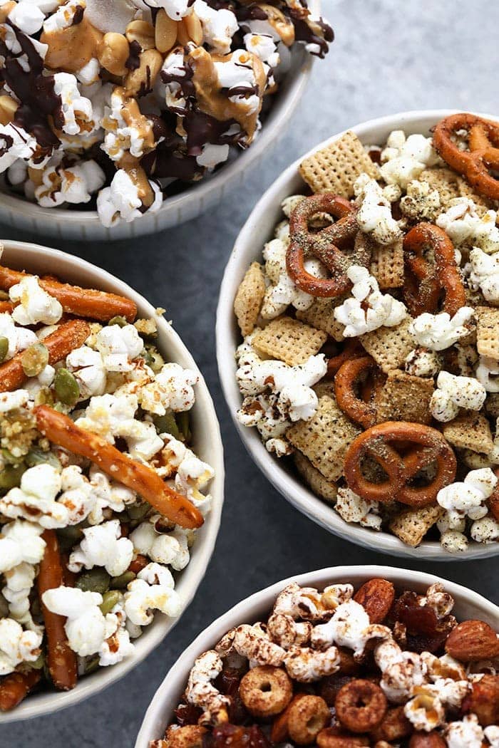 Finished snack mixes in bowls