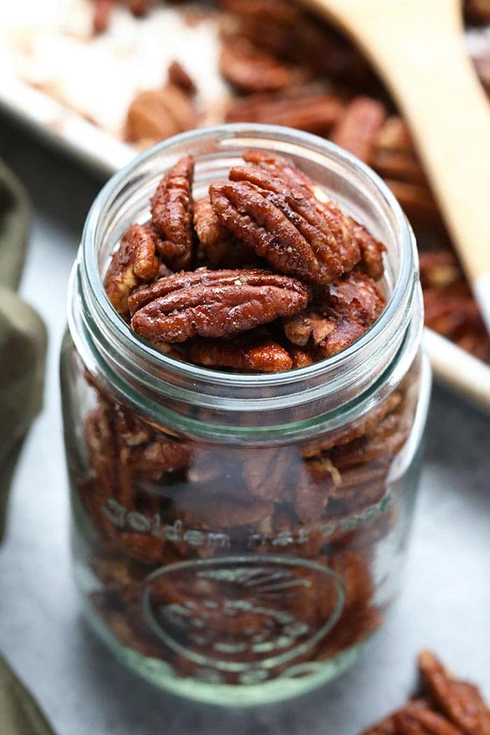 Roasted pecans in a jar. 