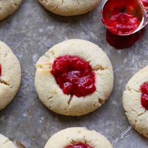 Raspberry Thumbprint Cookies with jam topping.