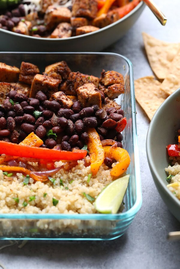 a bowl of tofu, beans and rice.