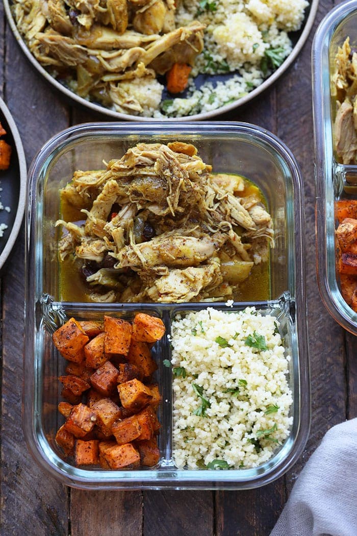 Moroccan chicken in meal prep containers