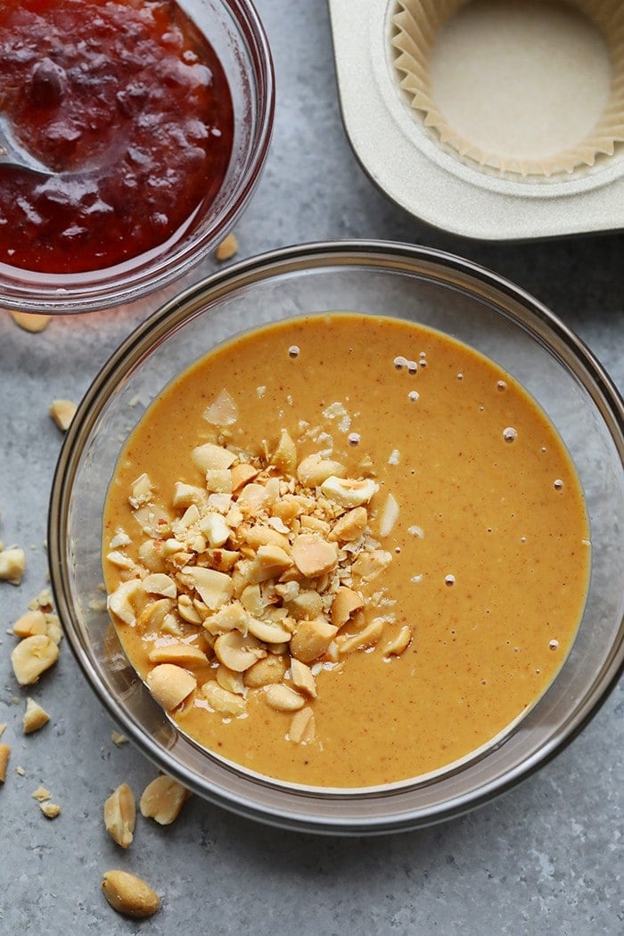 A bowl of Crunch Peanut Butter and Jelly Cup batter. 