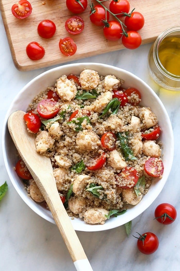 fresh caprese quinoa salad in a bowl