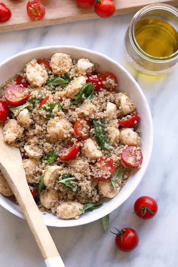 fresh caprese quinoa salad in a bowl ready to be served