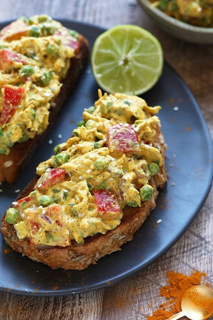 Curry chicken salad on a piece of toast