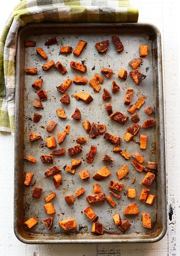 sweet potato cubes on pan