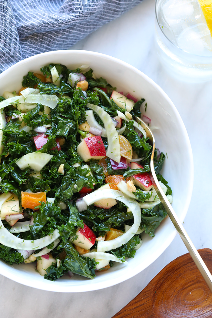 Finished kale salad in a serving bowl. 