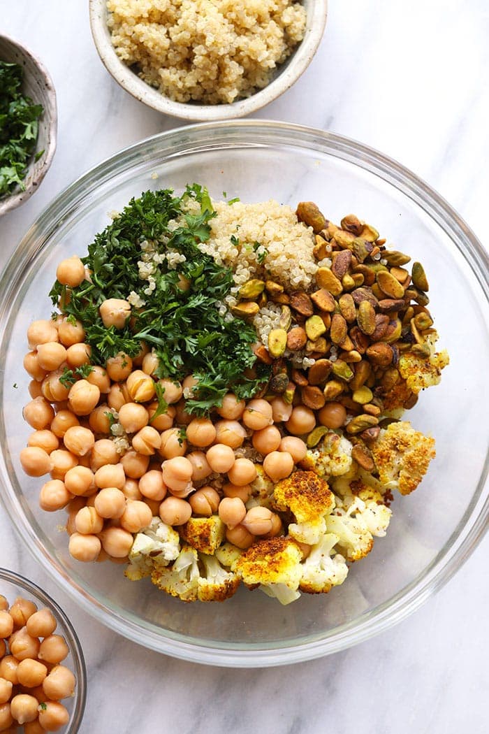 salad ingredients in a mixing bowl