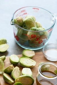 diced brussels sprouts on cutting board.