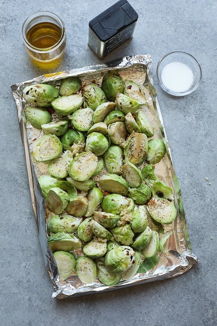 Brussel sprouts on tin foil.