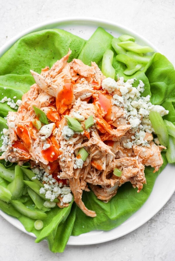 Buffalo chicken in a lettuce wrap