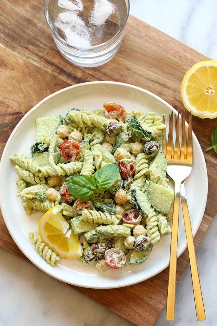 Pasta salad on plate.