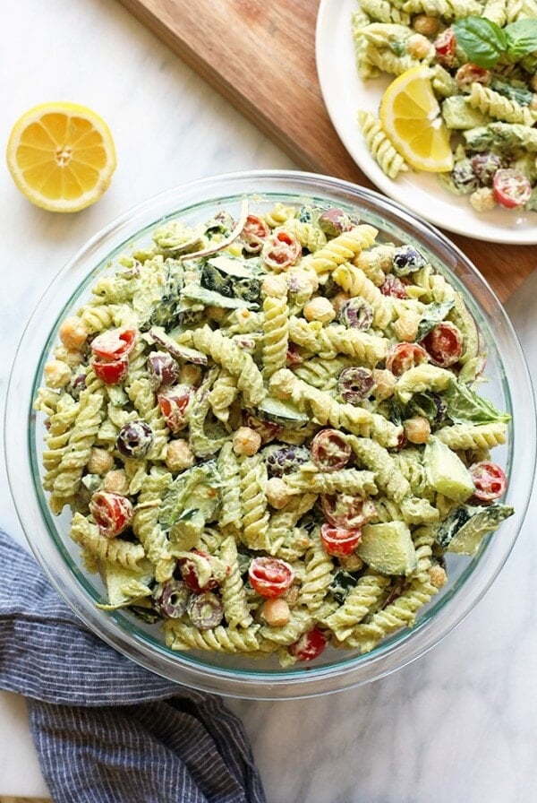 Greek pasta salad with lemon.