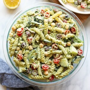 Greek pasta salad with chickpeas and lemon.