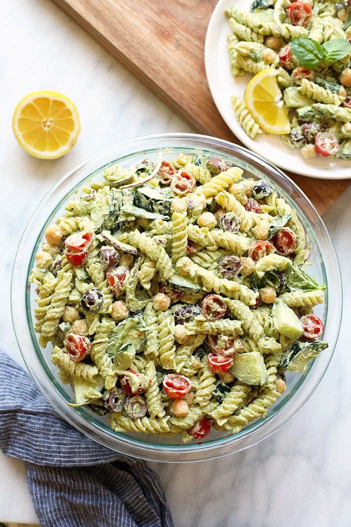 Vegan pasta salad in a bowl. 