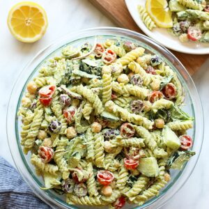 Greek pasta salad with chickpeas and lemon.