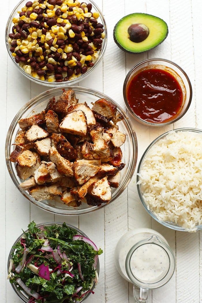 All of the ingredients for the bbq chicken bowls.