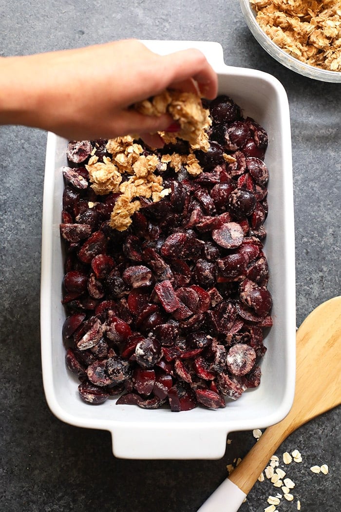 Cherry crisp in a casserole dish