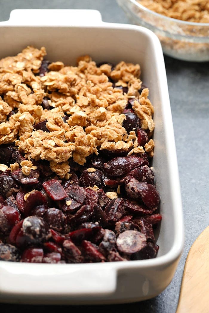 cherry crisp in a casserole dish