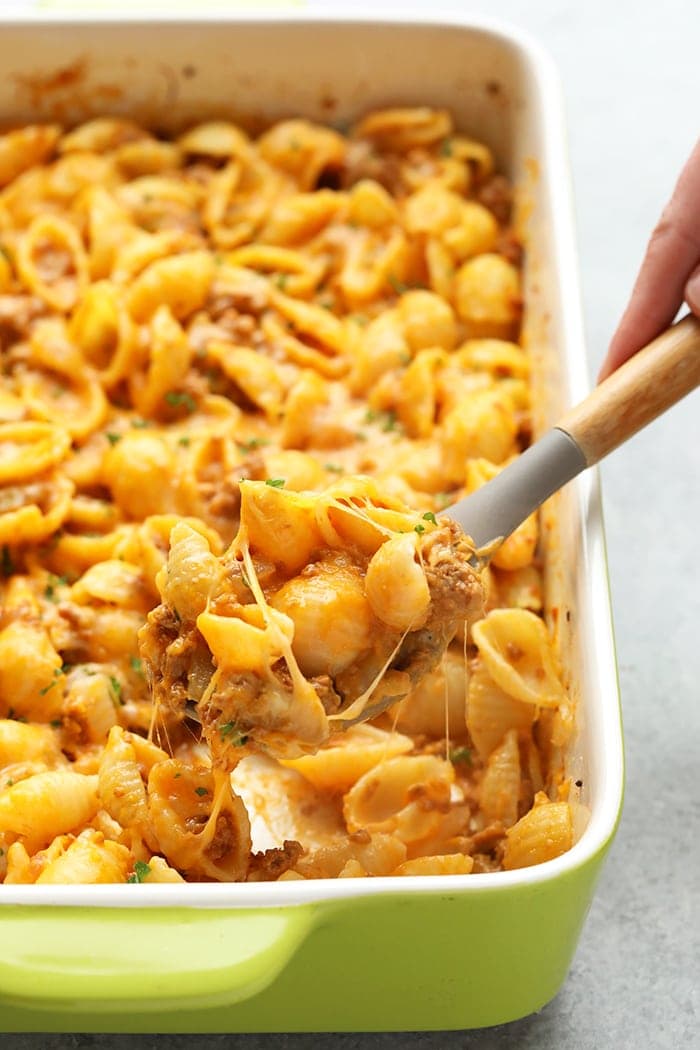 hamburger casserole in a baking dish