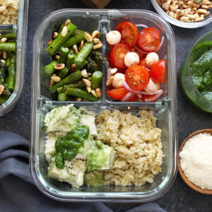 Pesto chicken meal prep in a container ready to be taken to lunch