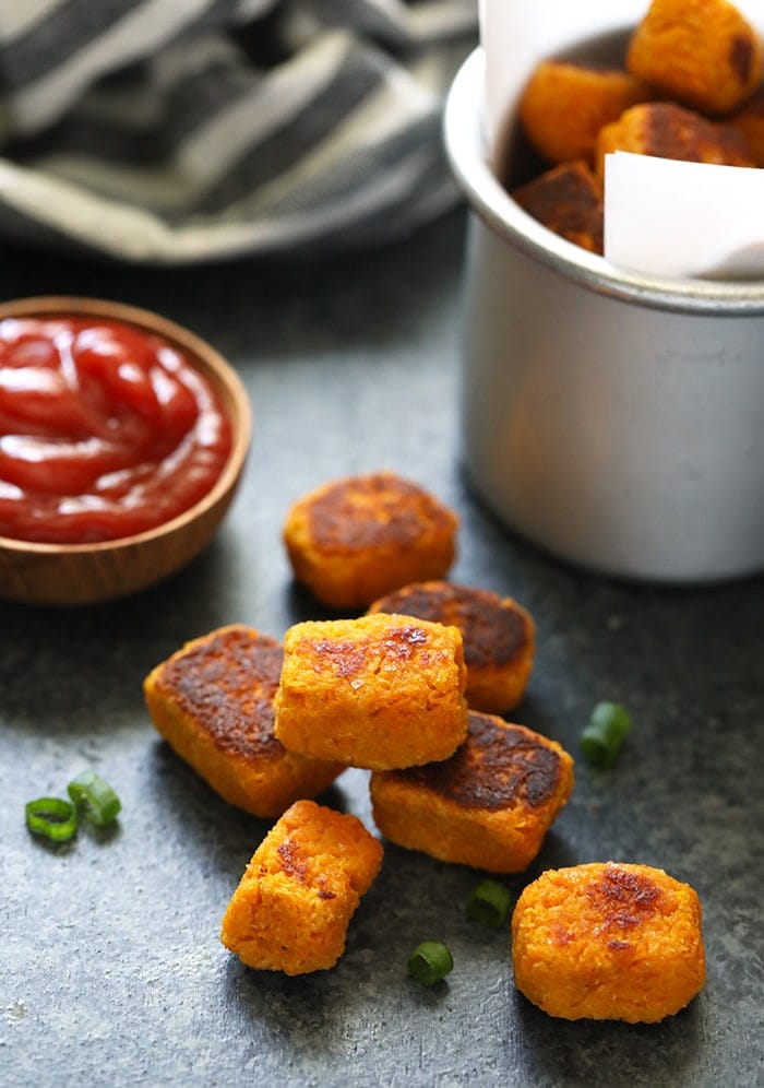 Stacked sweet potato tater tots.