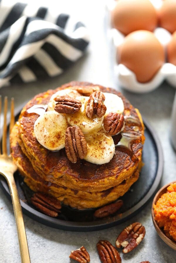 Pumpkin pancakes on a plate.