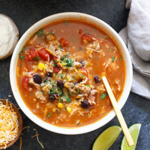 Taco soup in a bowl.