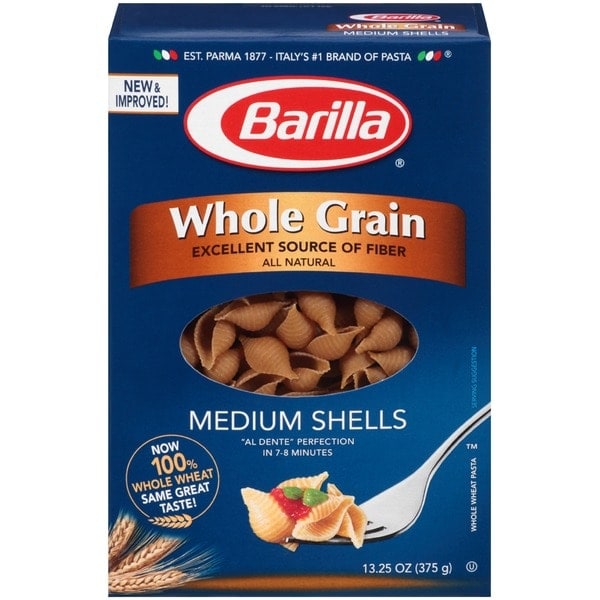 Whole grain pasta shells perfect for making a delicious hamburger casserole.