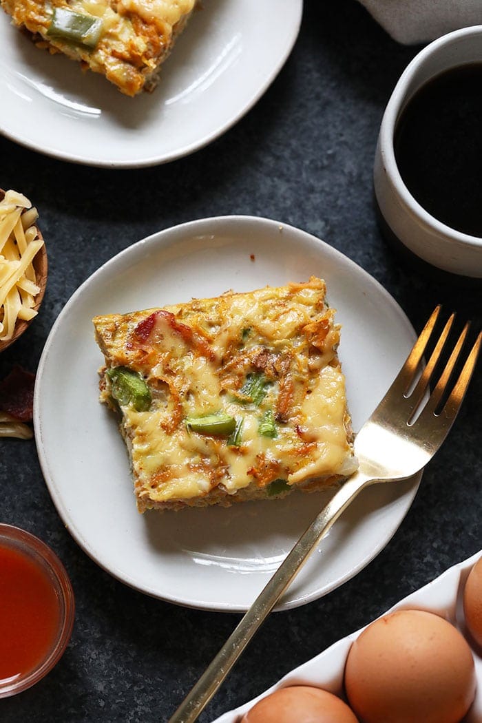 A piece of egg bake on a plate