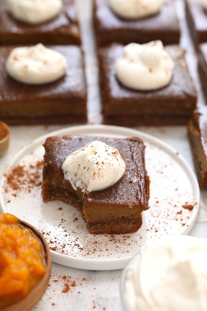 A pumpkin pie bar on a plate