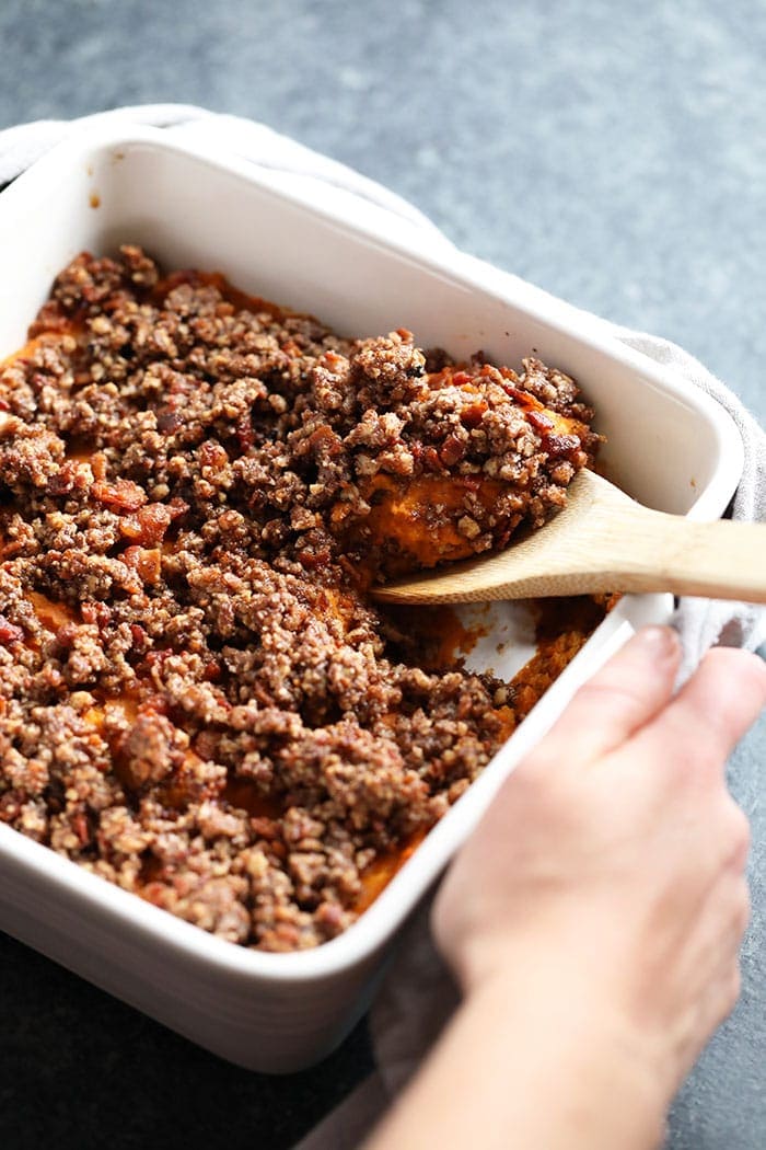 Healthy sweet potato casserole being served